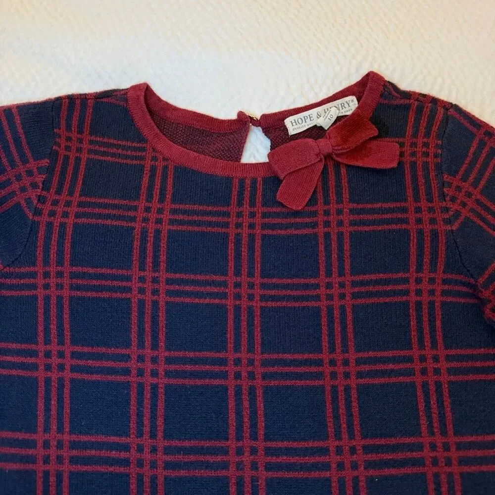 Hope & Henry | Windowpane Sweater Dress Navy Red Bow | Girls 10